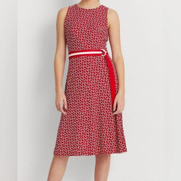 Lauren Ralph Lauren Red and White Chain Link Patterned Belted Midi Dress - Picture 1 of 11